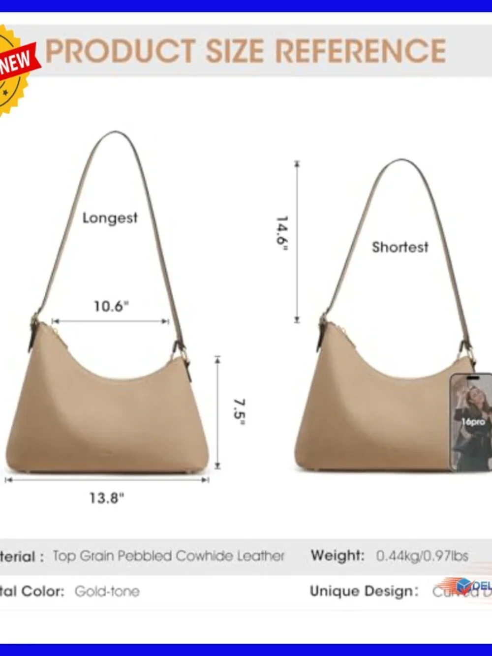 Leather Hobo Shoulder Bag with Card Pockets, Adjustable Strap, Tote